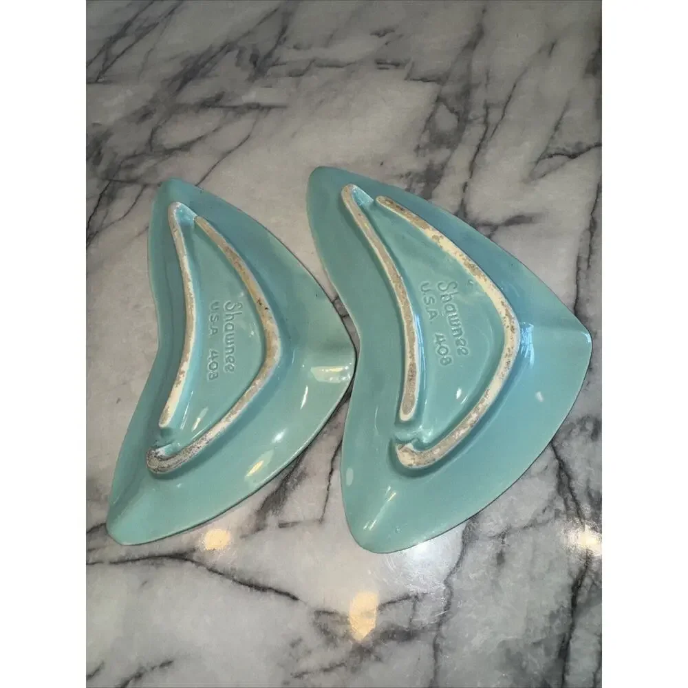 2‎ Vintage 1950's Shawnee Pottery Ashtray Stardust Turquoise Handmade Art Deco
